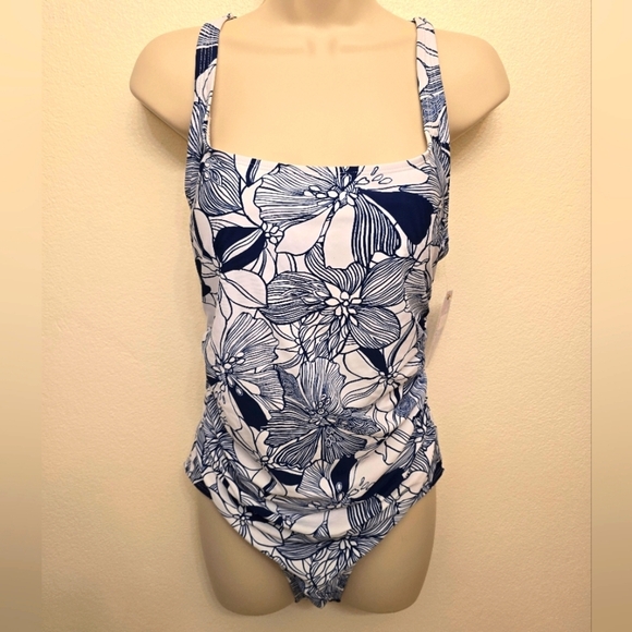 NWT Stella Parker Blue and White Floral One Piece Swimsuit - Picture 1 of 7